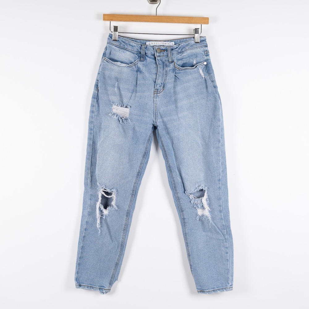 Tinseltown Distressed Mom‎ Jeans Light Wash High Rise Size 5 Ripped Distressed